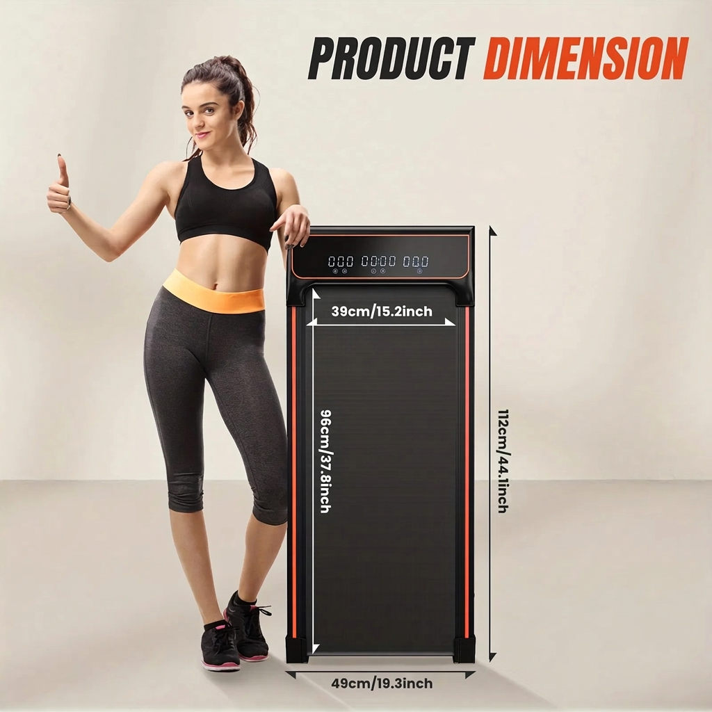 Walking pad dimensions showing a 96 by 39 cm walking surface and 112 by 49 cm overall size